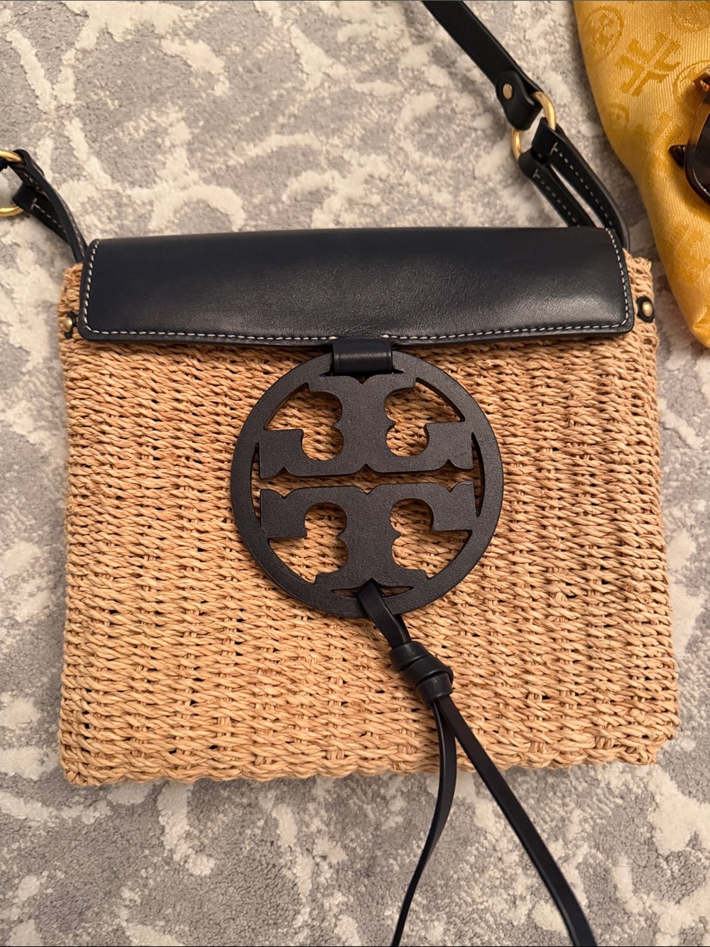 Tory Burch Natural Woven Crossbody with Black Leather Trim - Picture 2 of 7